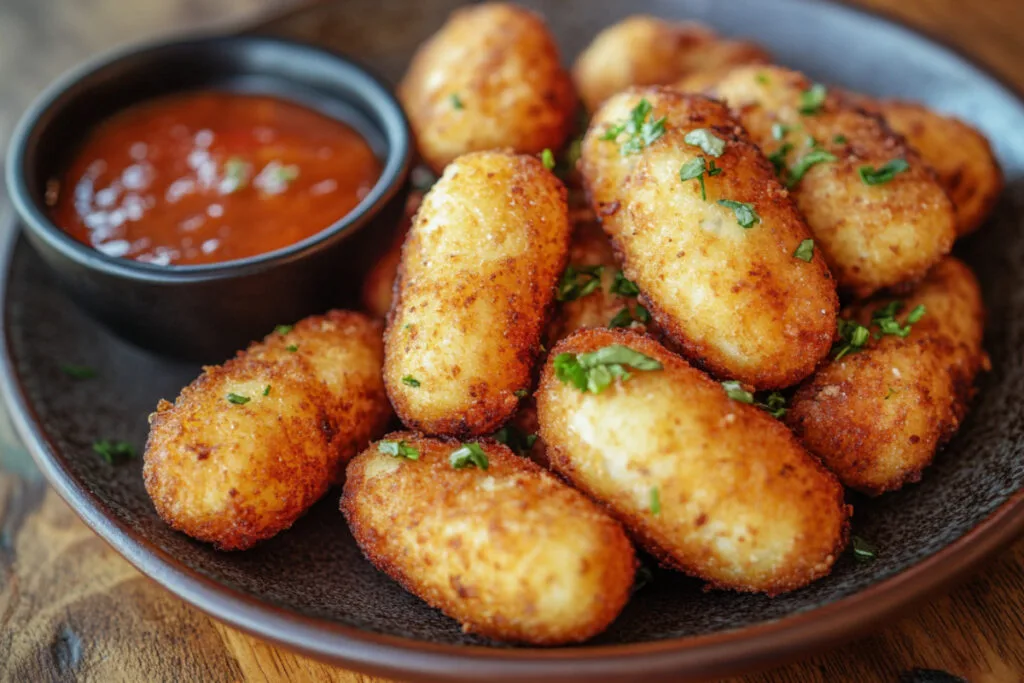 A plate of crispy croquettes served with a side of hash browns and potato smileys, showcasing the British version of tater tots.