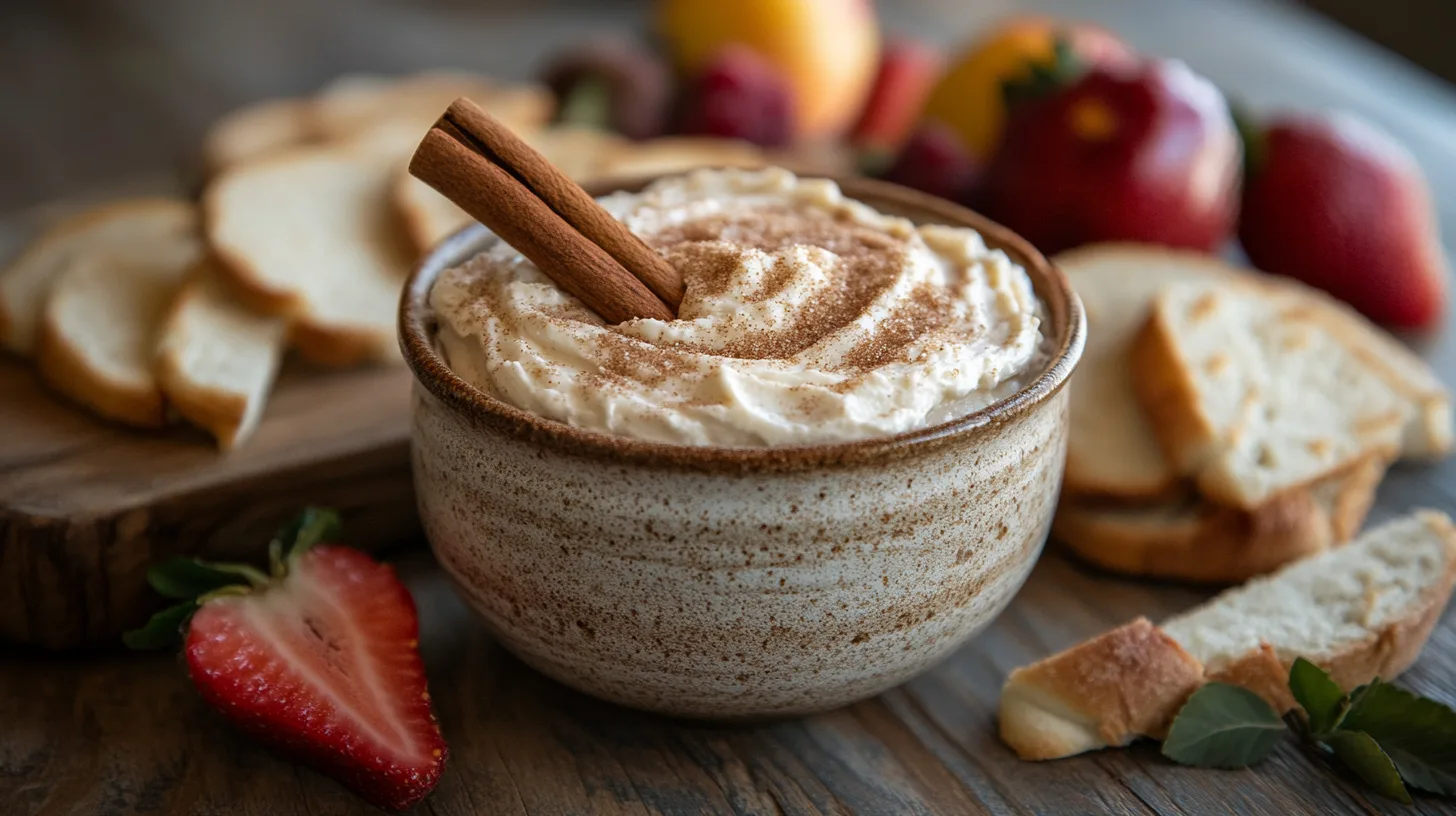 A creamy cinnamon cream cheese spread in a bowl with a cinnamon stick and brown sugar sprinkled around, perfect for desserts or bagels.