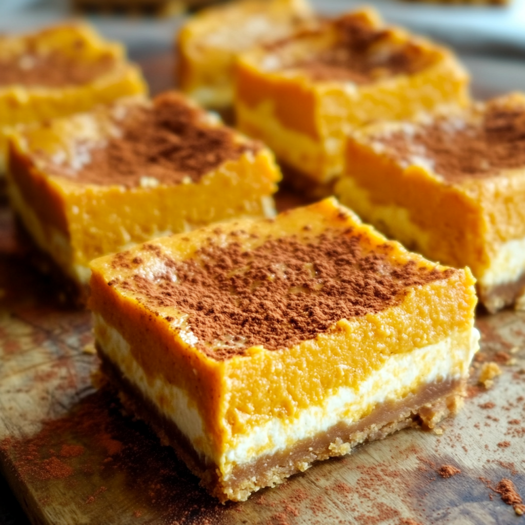 "Close-up of creamy Sweet Potato Cheesecake Squares on a graham cracker crust, garnished with a sprinkle of cinnamon and pecans."