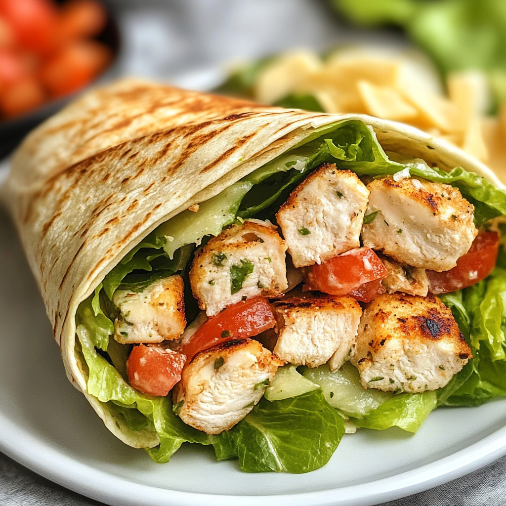 "A Chicken Caesar Wrap served with crispy sweet potato fries on the side."